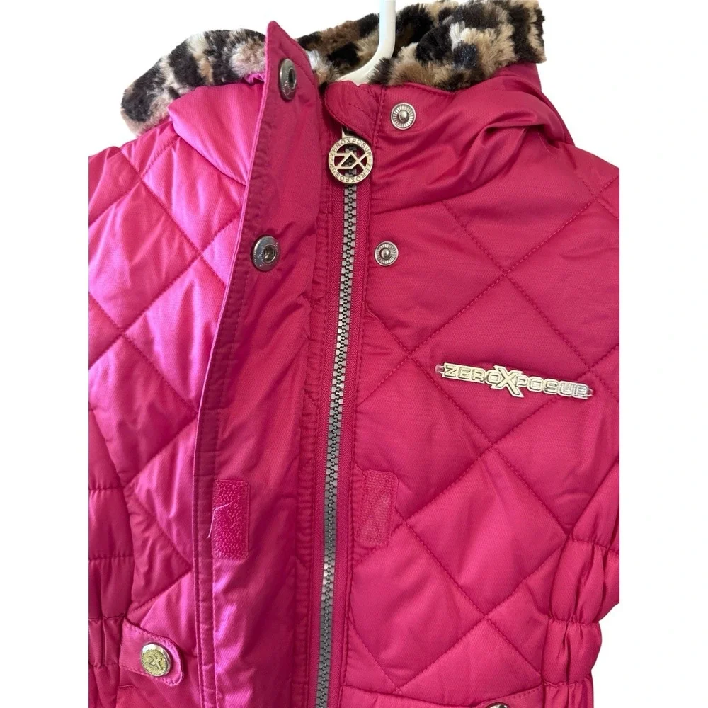 ZeroXposure Girls 4/5 Hot Pink Quilted Puffer Jacket Faux Fur Leopard Hood